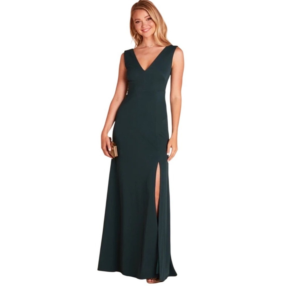 Birdy Grey Shamin Crepe Maxi Dress Emerald Green S V-Neck Side Slit Bridesmaid